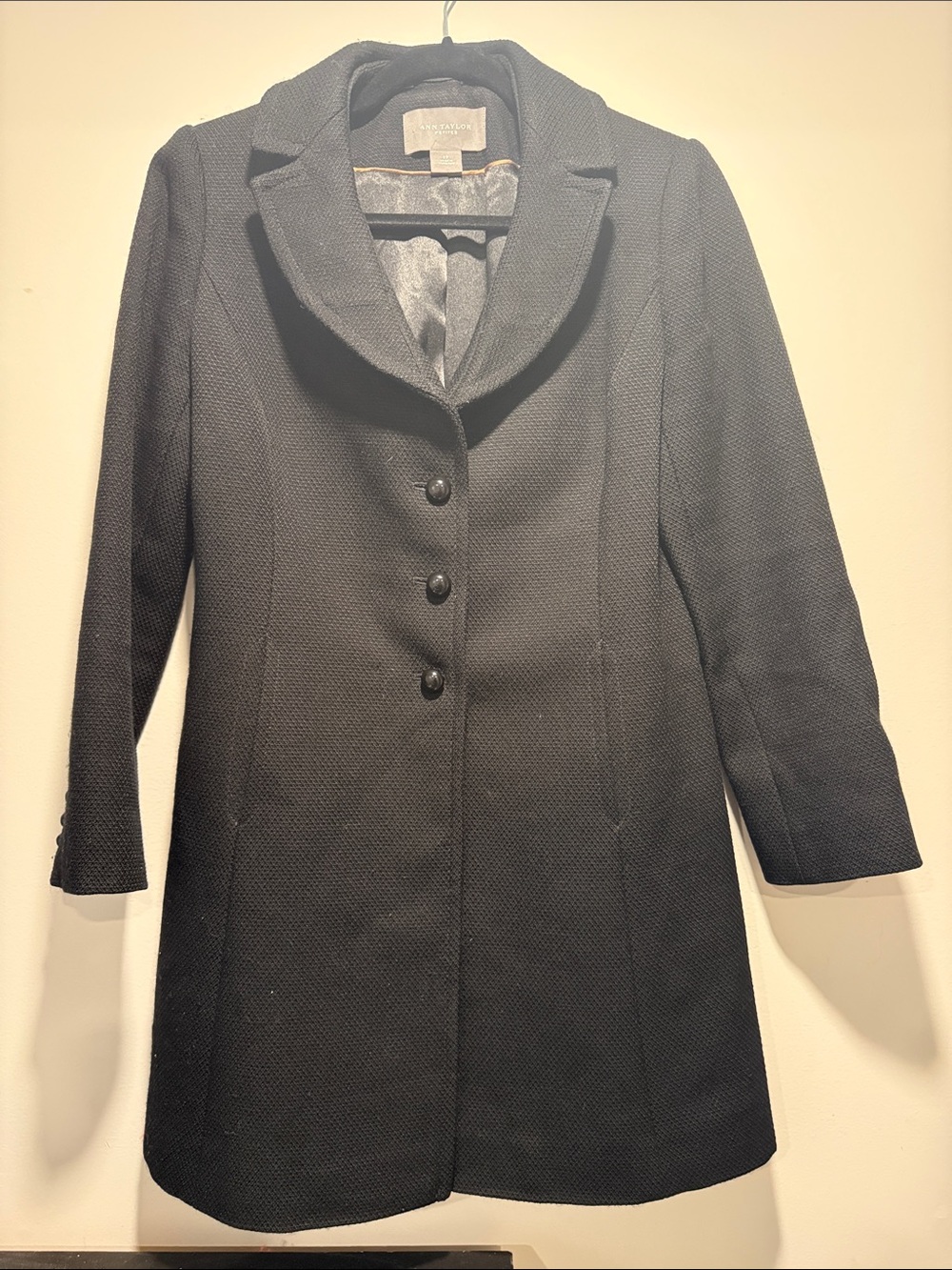 Ann Taylor Black Textured Single-Breasted Pea Coat